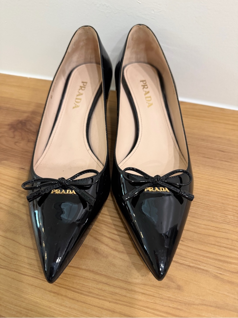 Prada Black Patent Pointed-Toe Pumps with Bow